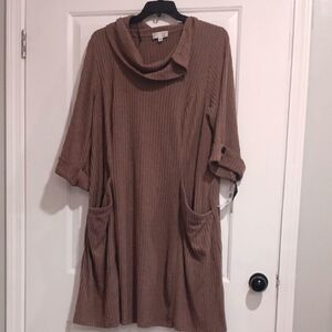 Signature Brown Ribbed Cowl Neck Dress